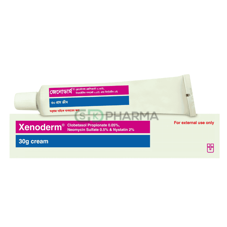 Xenoderm Cream (0.5 mg+5 mg+1 Lac IU)/gm (Clobetasol Propionate + Neomycin Sulphate + Nystatin)