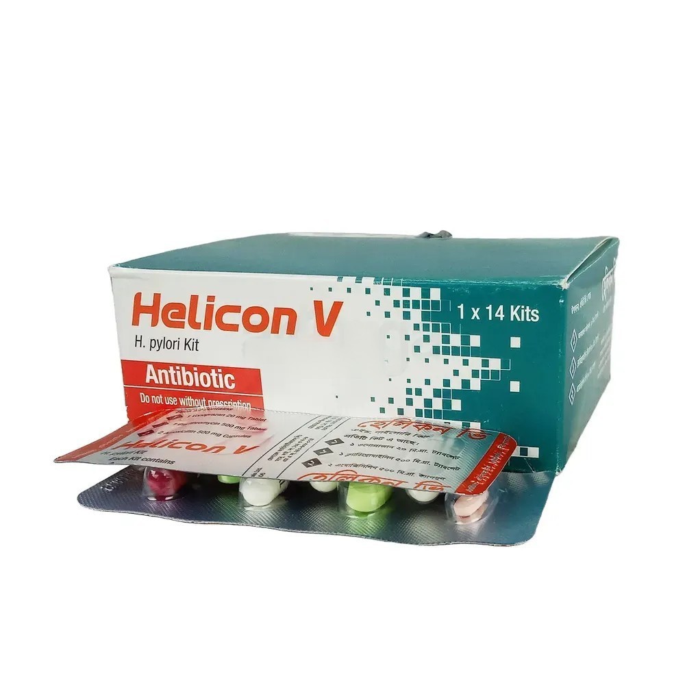 Helicon V (4 Tablet strip), Pack Image Vonoprazan + Amoxicillin + Clarithromycin 20 mg+1000 mg+500 mg