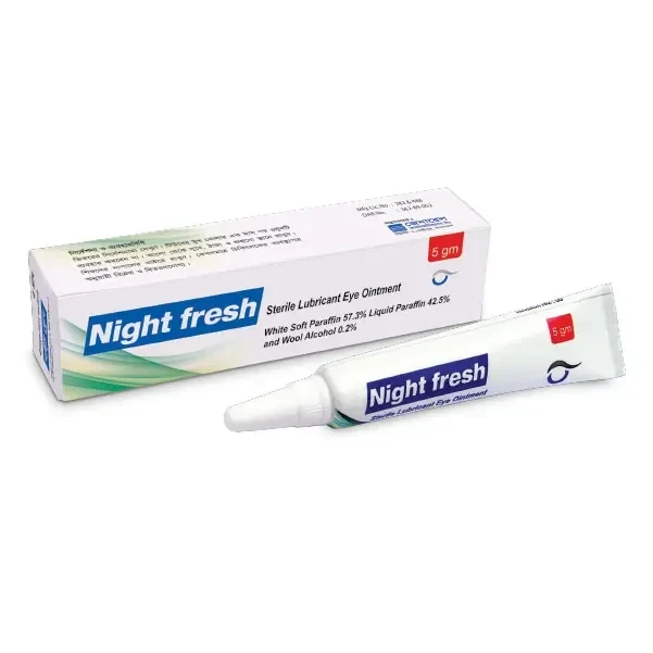 Night Fresh Ophthalmic Ointment 5 gm tube, White soft paraffin + Liquid paraffin + Wool alcohol 57.3%+42.5%+0.2%