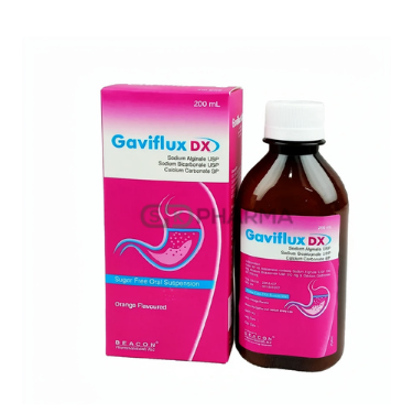 Gaviflux DX Suspension (500 mg+213 mg+325 mg)/10 ml (Sodium Alginate + Sodium Bicarbonate + Calcium Carbonate)