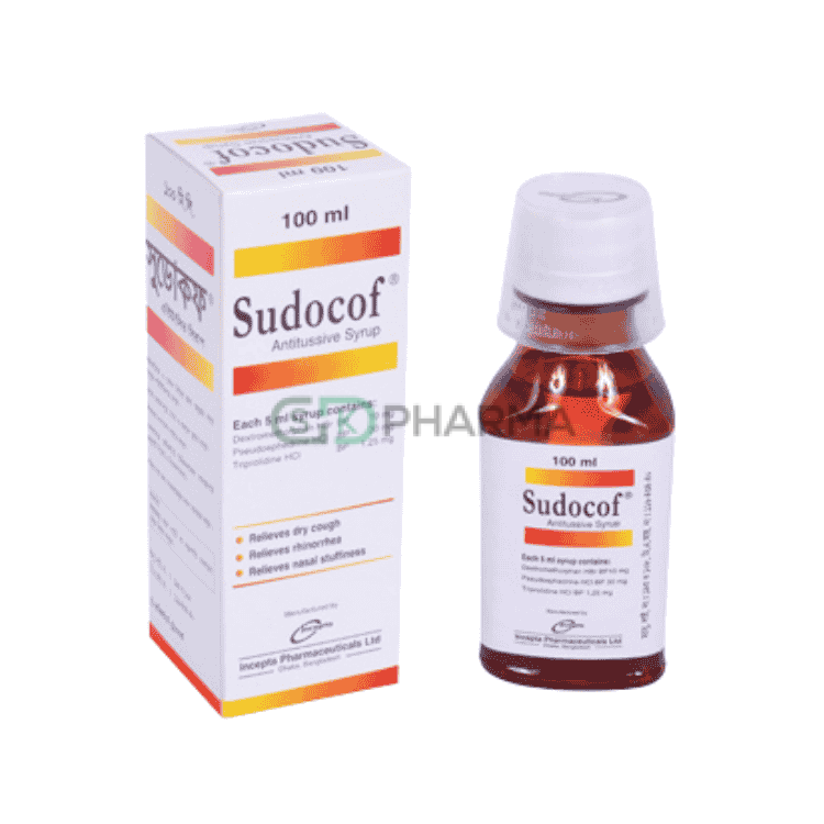 Sudokof Syrup (20 mg+10 mg+2.5 mg)/5 ml (Dextromethorphan + Phenylephrine + Triprolidine)