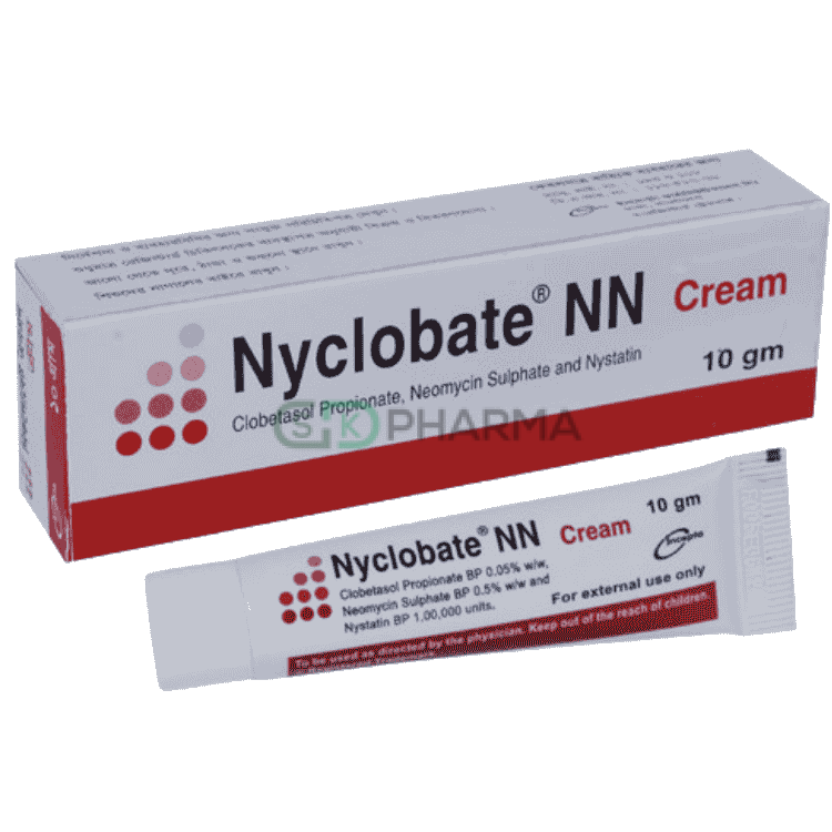 Nyclobate NN Cream (0.5 mg+5 mg+1 Lac IU)/gm (Clobetasol Propionate + Neomycin Sulphate + Nystatin)