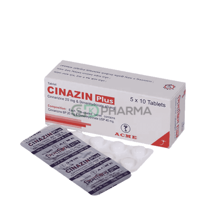 Cinazin Plus Tablet 20 mg+40 mg (Cinnarizine + Dimenhydrinate)