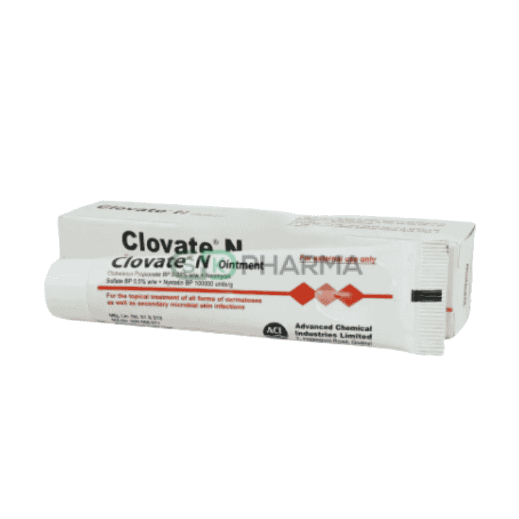Clovate N Ointment (0.5 mg+5 mg+1 Lac IU)/gm (Clobetasol Propionate + Neomycin Sulphate + Nystatin)