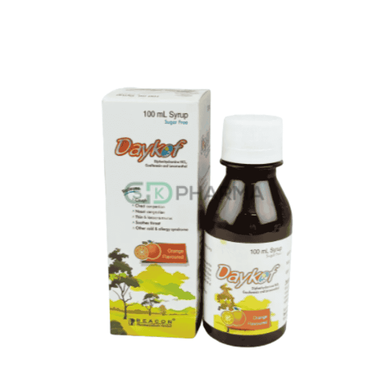 Daykof Syrup (100 mg+1.1 mg+14 mg)/5 ml (Guaifenesin + Levomenthol + Diphenhydramine)