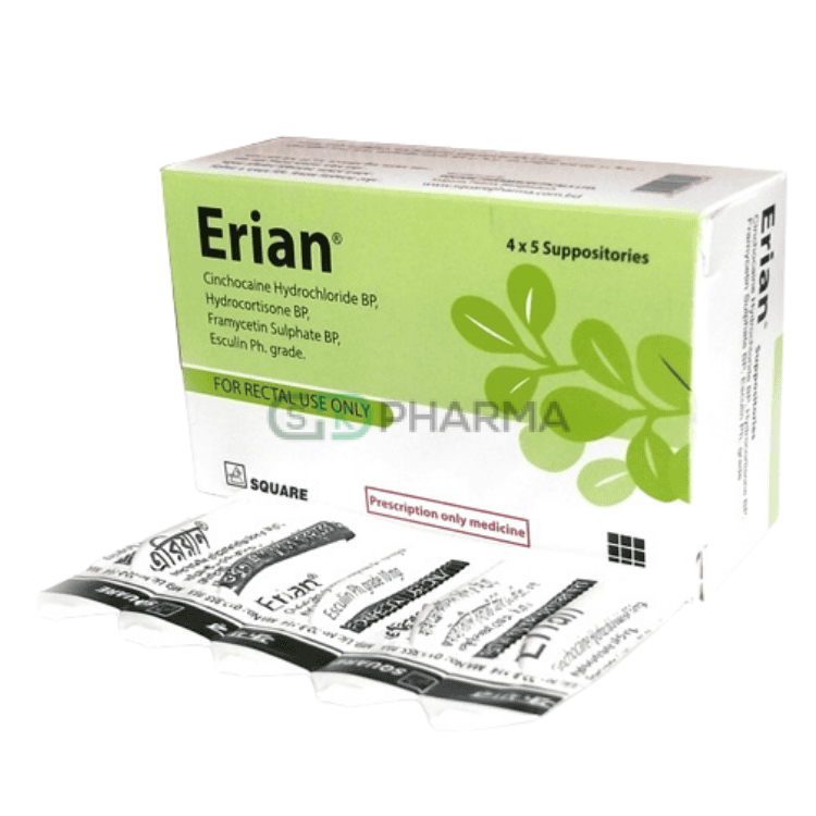 Erian Suppository 5 mg+5 mg+10 mg+10 mg (Cinchocaine + Hydrocortisone + Framycetin + Esculin)