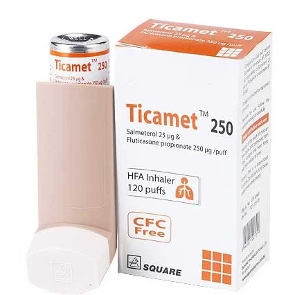 Ticamet Metered-Dose Inhaler (MDI), Salmeterol + Fluticasone Propionate (25 mcg+250 mcg)/puff, 120 metered doses