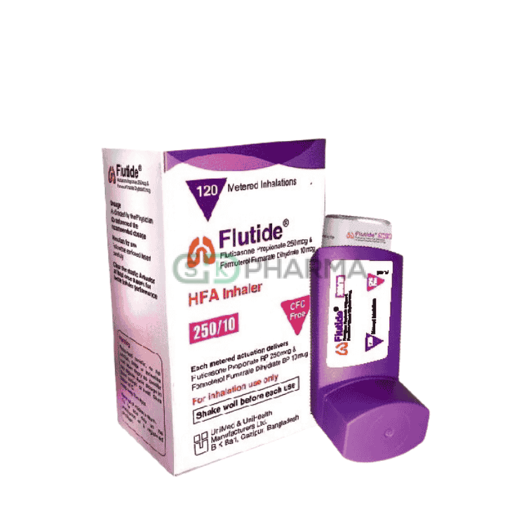 Flutide Inhaler (250 mcg+10 mcg)/puff (Fluticasone Propionate + Formoterol Fumarate)